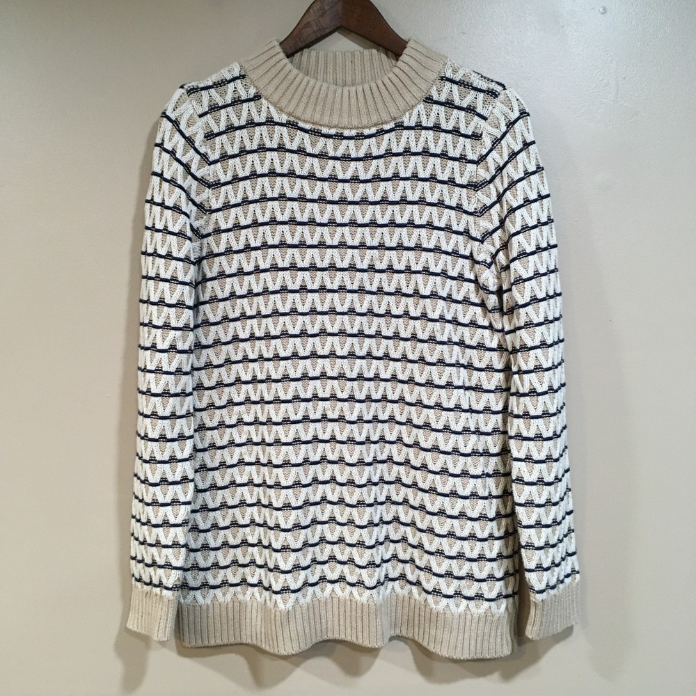 Talbots Chunky Knit Grandpa Sweater Womens M Tan Navy Fisherman Heritage Coastal